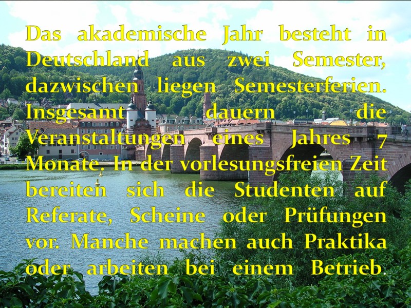 Das akademische Jahr besteht in Deutschland aus zwei Semester, dazwischen liegen Semesterferien. Insgesamt dauern